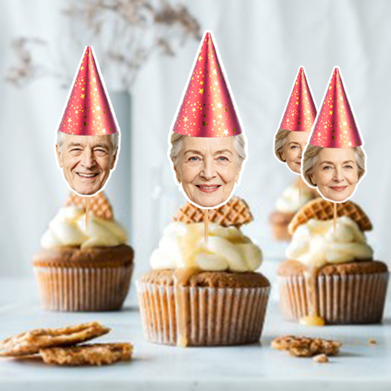 Party Hat Cone - 12/24pcs Custom Face Cupcake Toppers Personalized